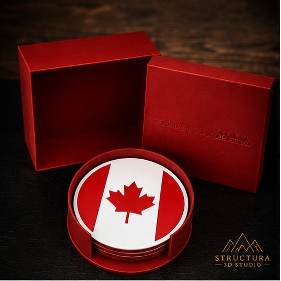 Canada flag coasters in a red Structura gift box