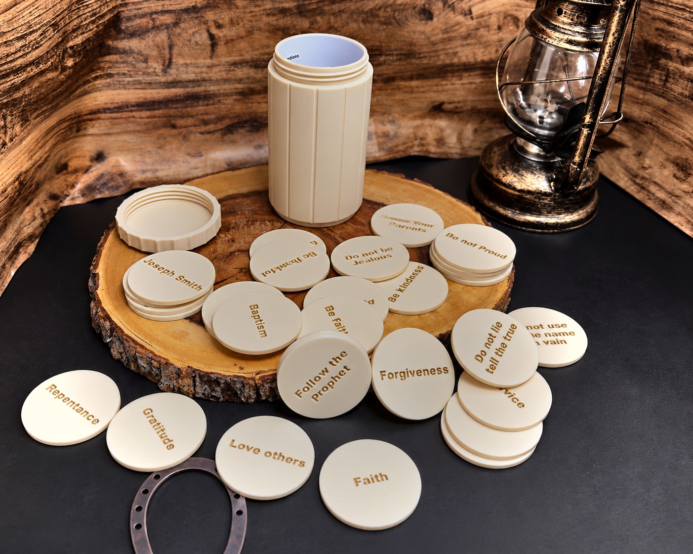 Gospel Charades game tokens and canister