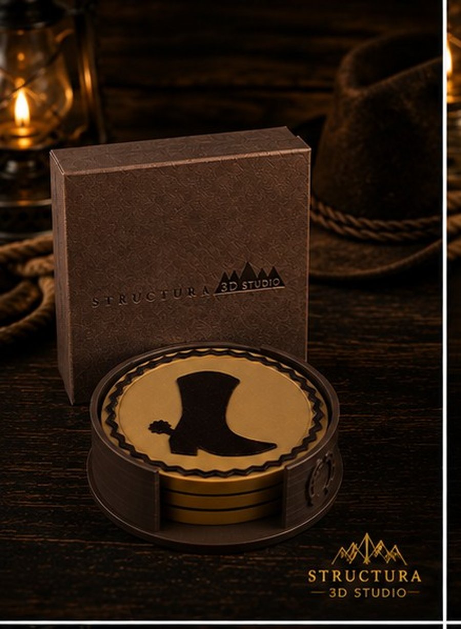 Cowboy boot coaster set in a leather-look Structura gift box
